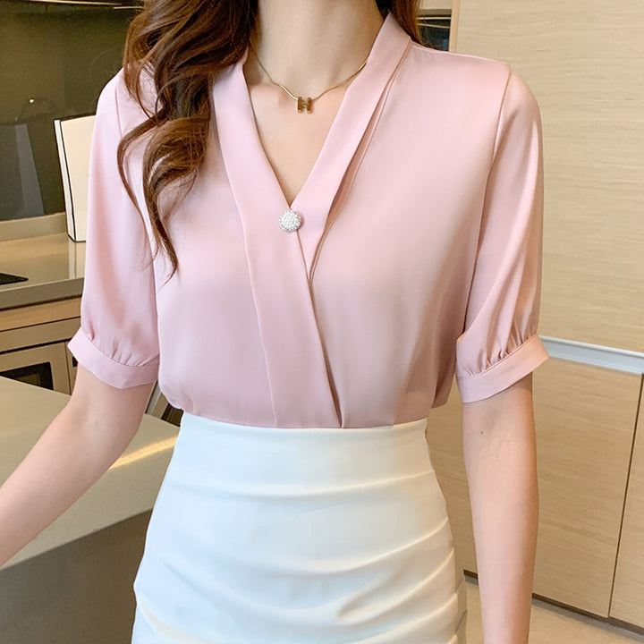 Damen Bluse mit elegantem V-Ausschnitt und dekorativer Knopfdetail Drune