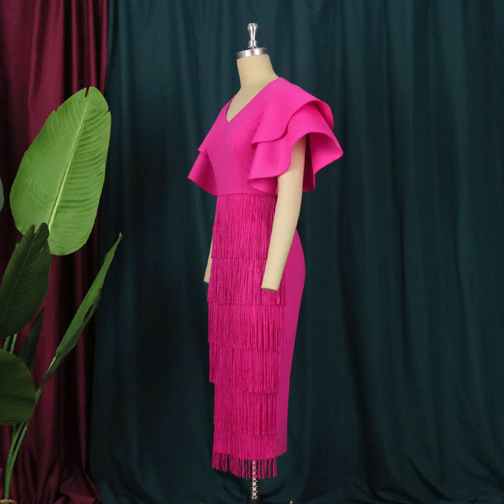 Damen Fransen Maxikleid mit voluminösen Rüschensäumen Drune