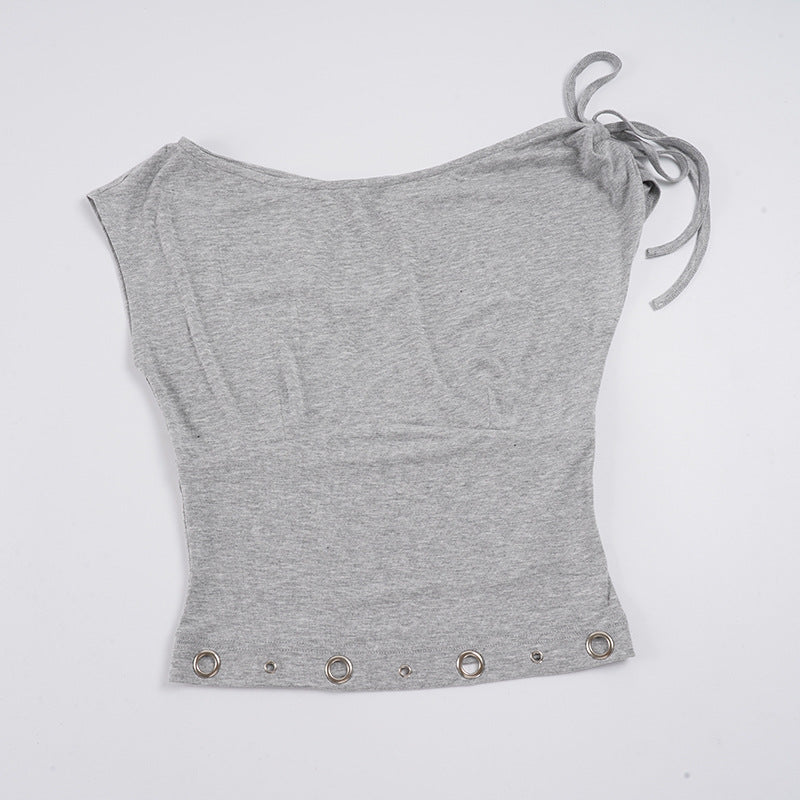 Damen asymmetrisches Oberteil mit dekorativen Schnürdetails und metallischen Ösen Drune
