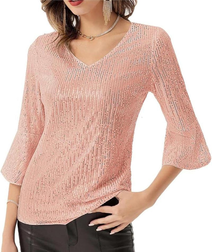 Damen Glamouröses Strickoberteil mit V-Ausschnitt und funkelnden Akzenten Drune