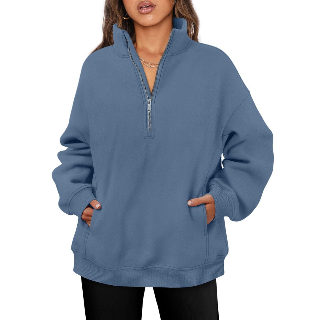 Damen nan oversized Halbzip-Pullover mit Stehkragen, Kängurutasche und Rippbündchen Drune