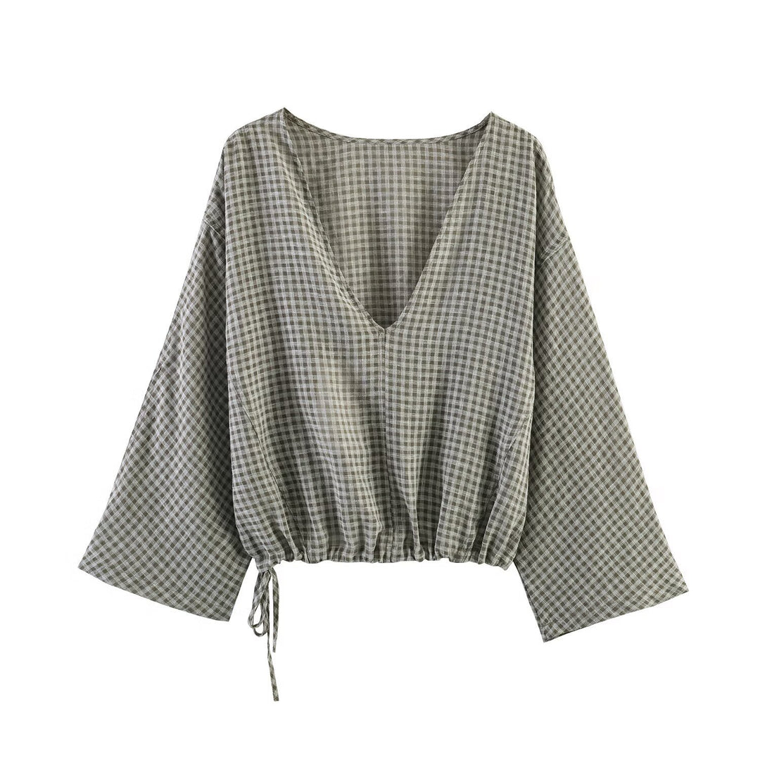 Damen lässige Bluse mit weitem V-Ausschnitt und elastischem Saum Drune