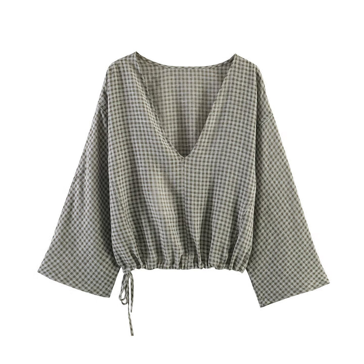 Damen lässige Bluse mit weitem V-Ausschnitt und elastischem Saum Drune