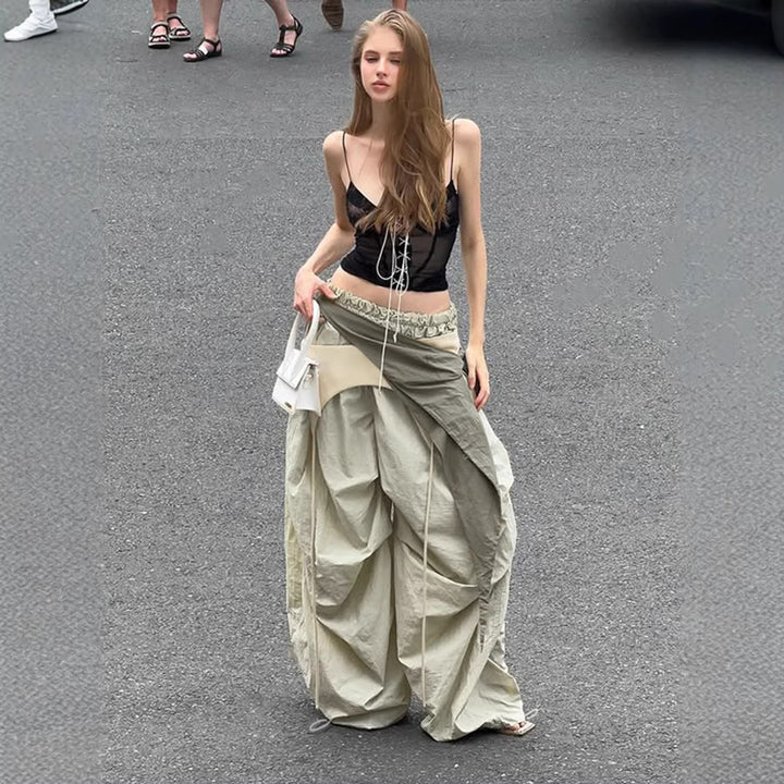 Damen modische High-Waist-Hose mit asymmetrischem Design und seitlichem Bindegurt Drune