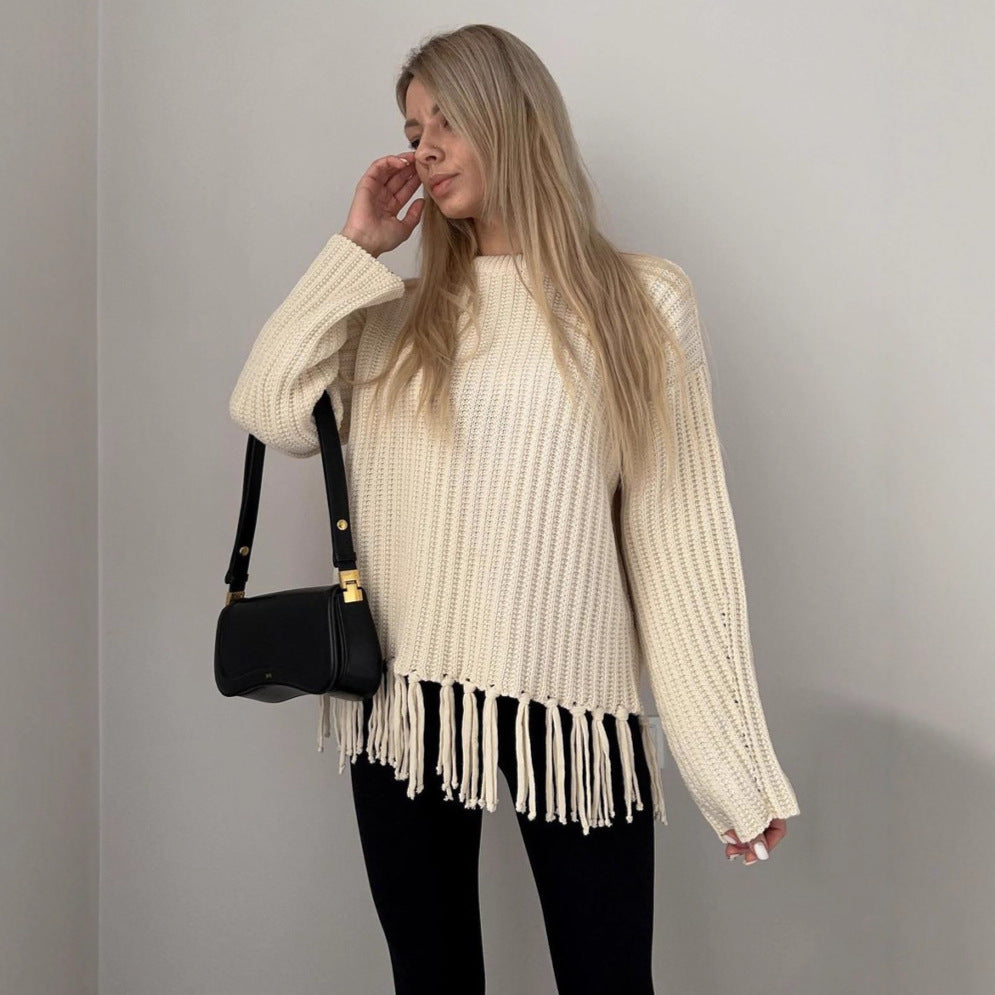 Damen Modischer Strickpullover mit Fransen Drune