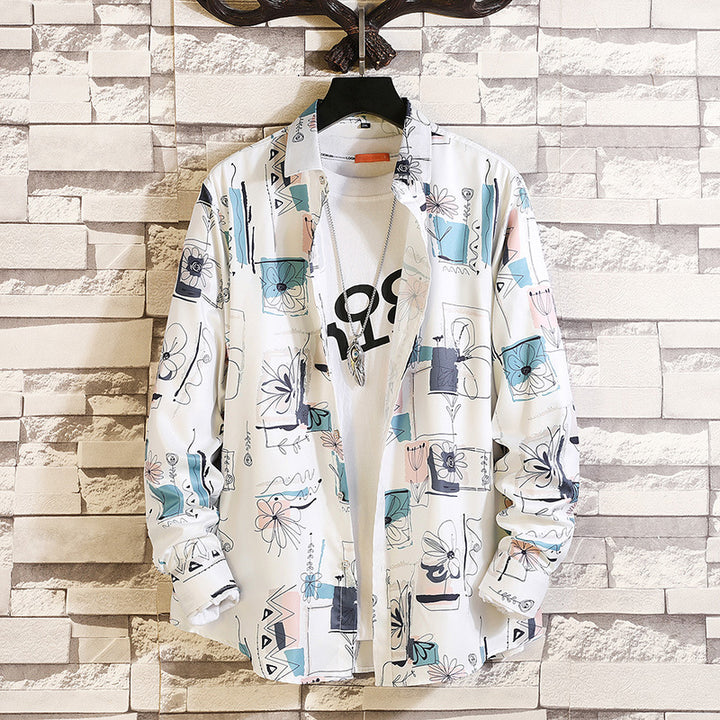 Herren nan langärmliges Hemd mit offenem Reverskragen, kontrastivem Blumenprint und lässiger Regular-Fit Silhouette Drune