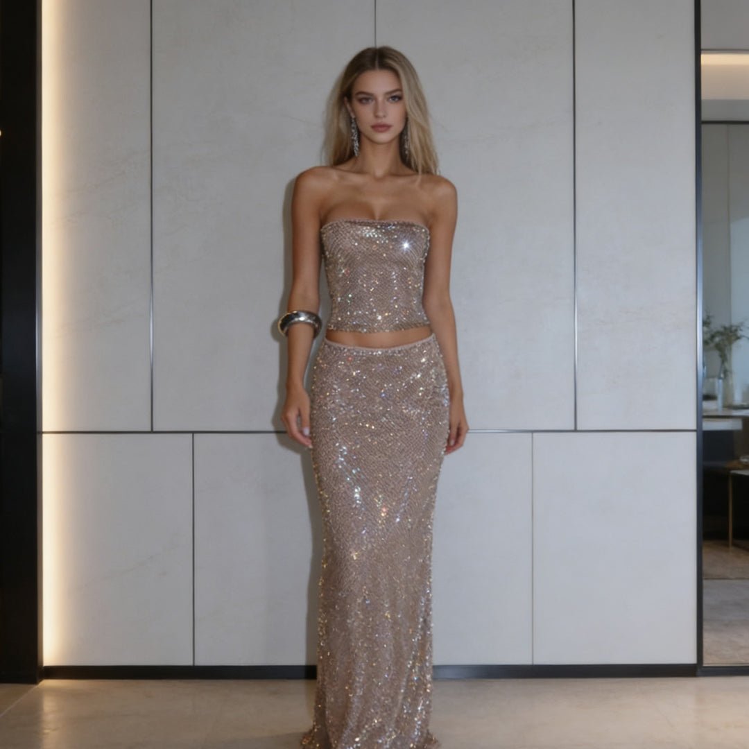 Damen Glamouröses Bandoukleid mit funkelnden Pailletten Drune