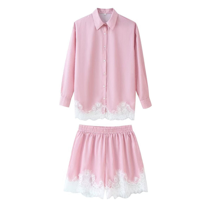 Damen nan zweiteiliges Satin-Pyjama-Set mit Hemdbluse, Gummibund-Shorts und Spitzenbesatz Drune