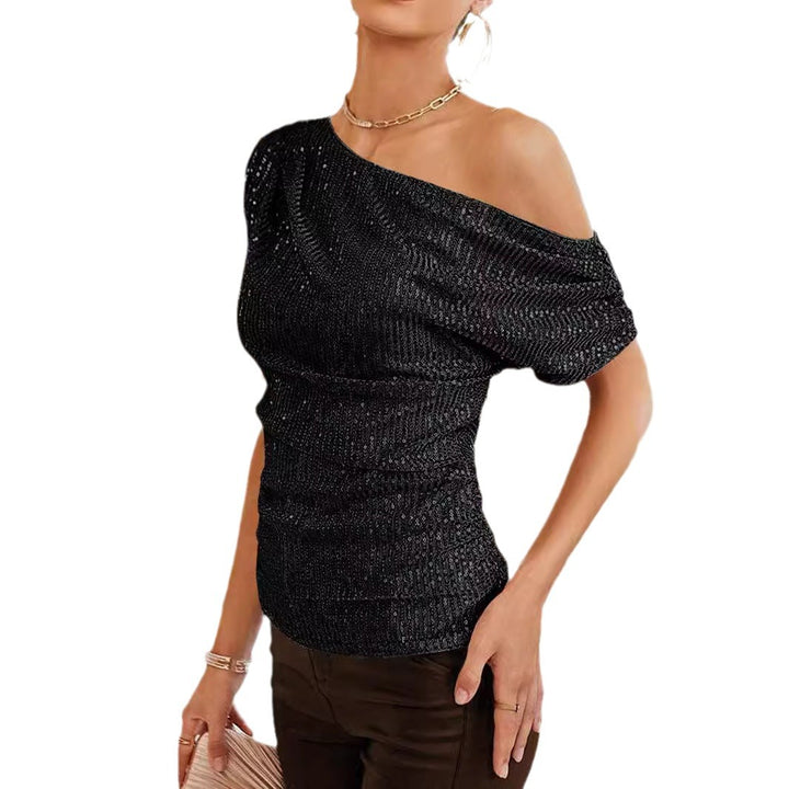 Damen Elegantes One-Shoulder Oberteil mit schimmerndem Knit-Design Drune