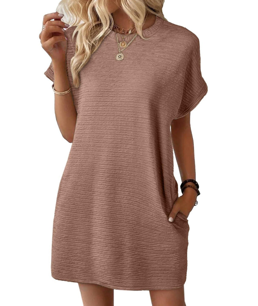 Damen lässiges Kurzarmkleid mit strukturiertem Stoff und seitlichen Taschen Drune