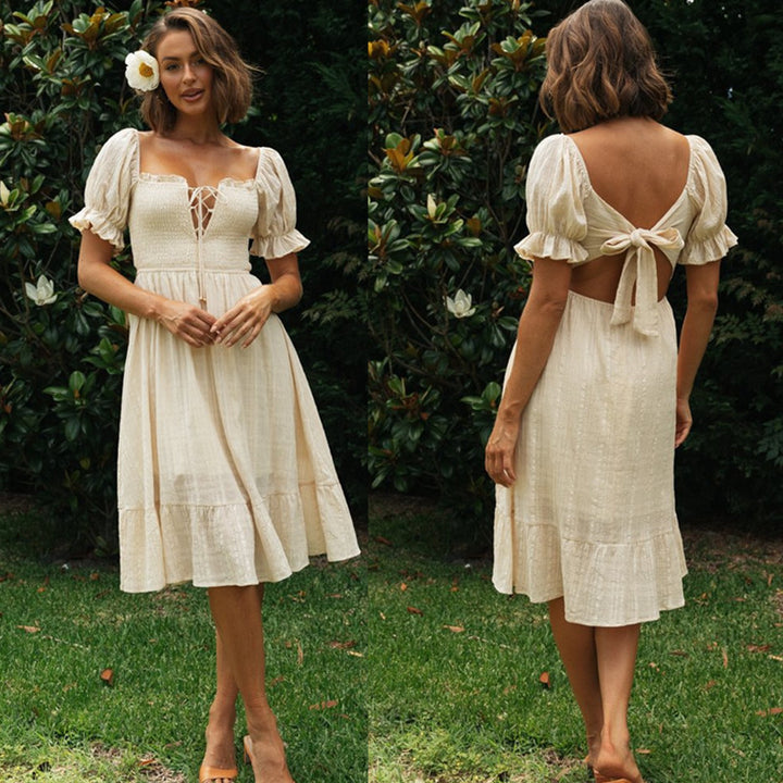 Damen Hochzeitsfeier Kleid mit Puffärmeln und Schnürung Drune