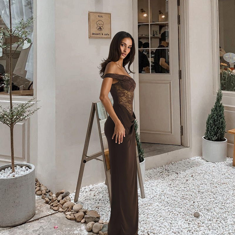 Damen Abendkleid mit schulterfreiem Spitzenoberteil und fließendem Rock Drune
