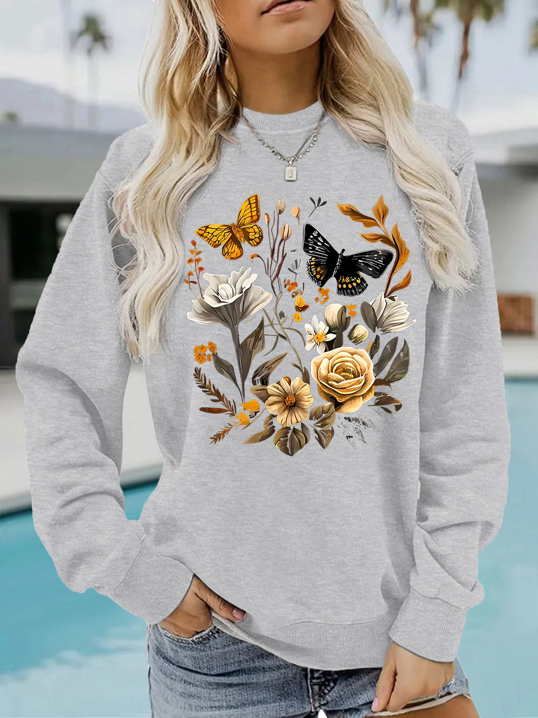 Damen Sweatshirt mit floralem Druck und lässiger Passform Drune