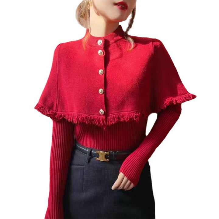 Damen modischer Pullover mit abnehmbarer Schulterpartie und Knopfdetails Drune
