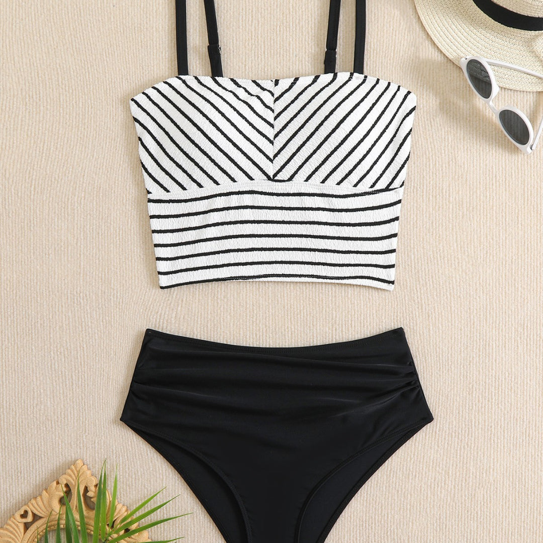 Damen Bikini-Set mit gestreiftem Oberteil und hoch taillierter Hose Drune