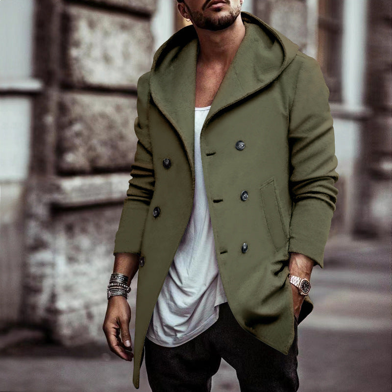 Herren stylischer Hoodie-Mantel mit doppelter Knopfreihe und weitem Kragen Drune