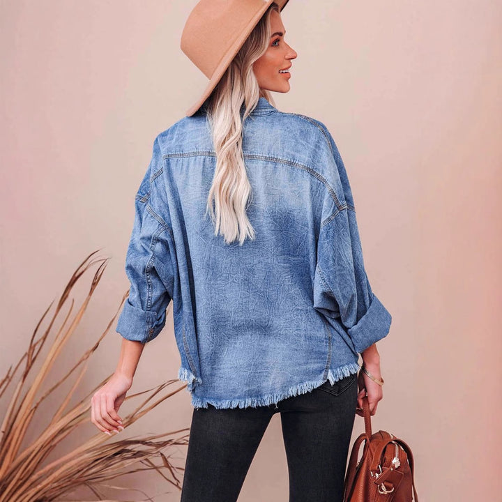 Damen Lässige Denim-Hemdjacke mit fransigen Bündchen und praktischen Taschen Drune