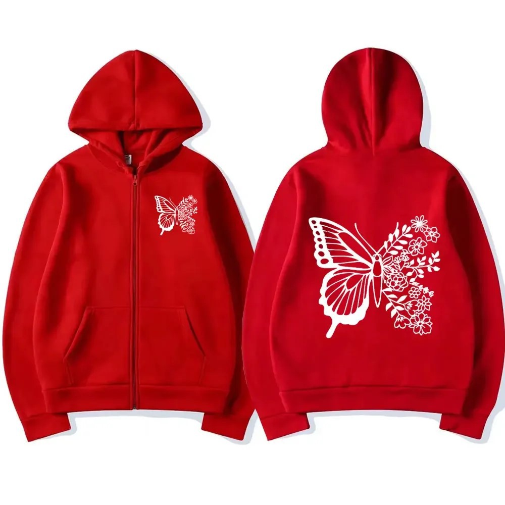Damen Kapuzenpullover mit floralem Schmetterlingsmotiv und praktischer Kängurutasche Drune