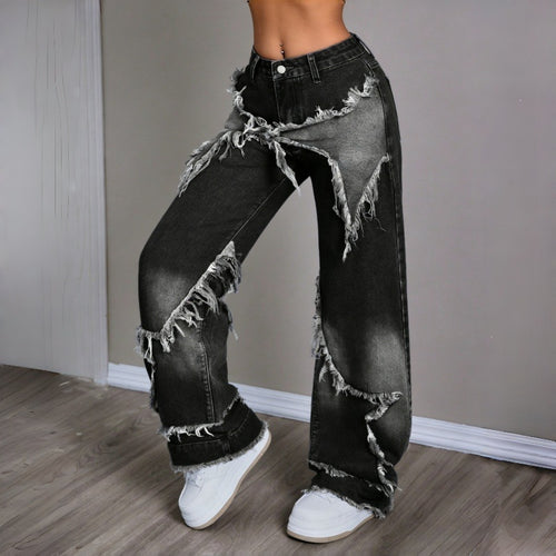 Damen Weite Jeans im modernen Destroyed-Look mit fransigen Details Drune