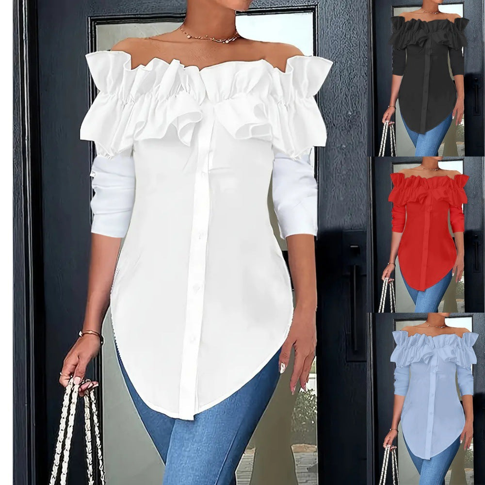 Damen Bluse mit schulterfreiem Design und voluminösen Rüschendetails Drune