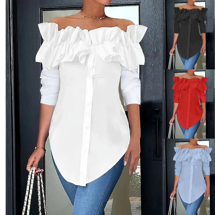 Damen Bluse mit schulterfreiem Design und voluminösen Rüschendetails Drune