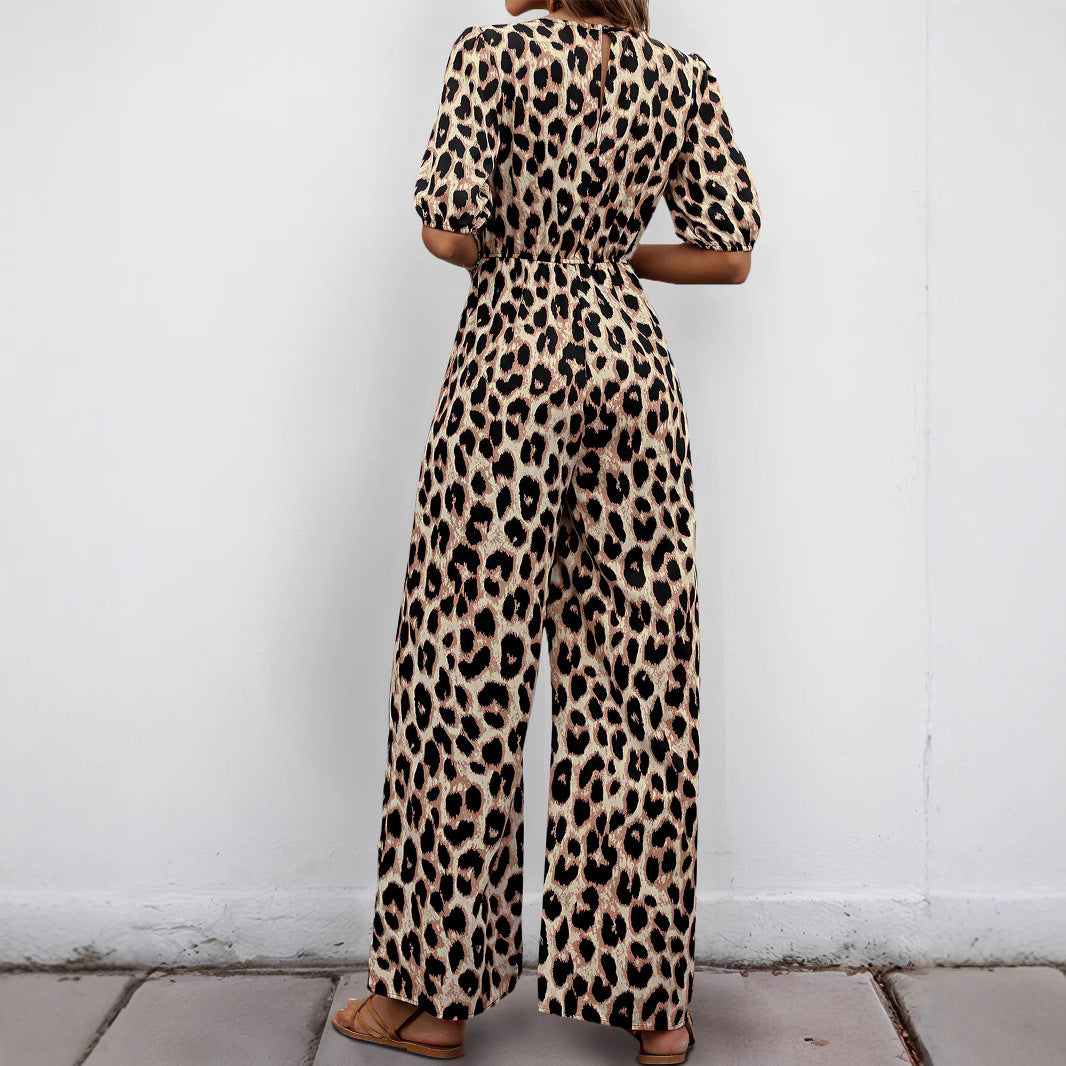 Damen Jumpsuit mit elegantem Wickelausschnitt und modischem Leopardenmuster Drune