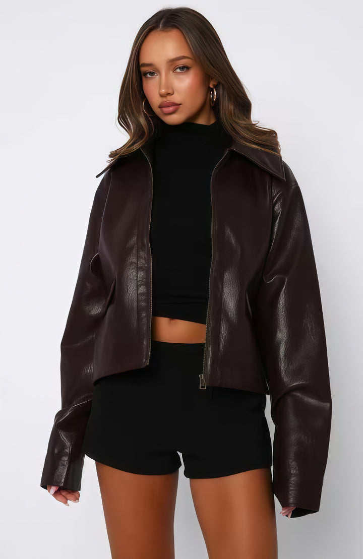 Damen elegante cropped Lederjacke im minimalistischen Stil Drune