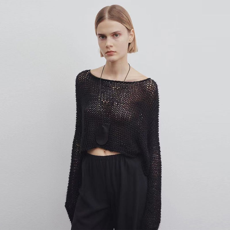 Damen lässiger Cropped-Strickpullover mit weitem Schnitt Drune