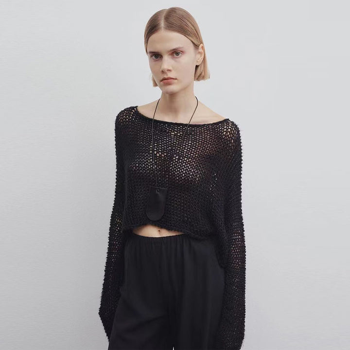 Damen lässiger Cropped-Strickpullover mit weitem Schnitt Drune
