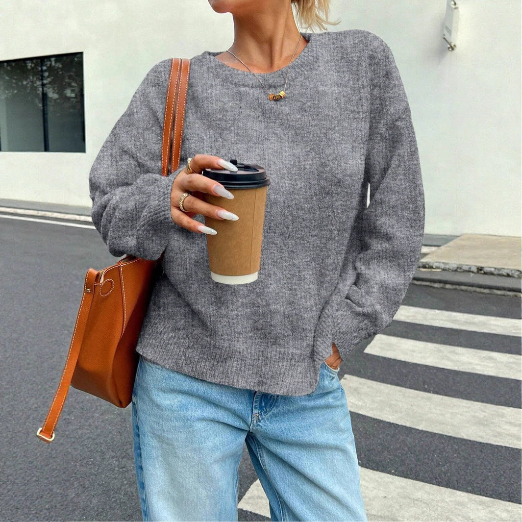 Damen lässiger Strickpullover mit Rundhalsausschnitt und voluminösen Ärmeln Drune