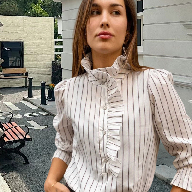 Damen Bluse mit edlem Rüschendesign und gestreiftem Muster Drune