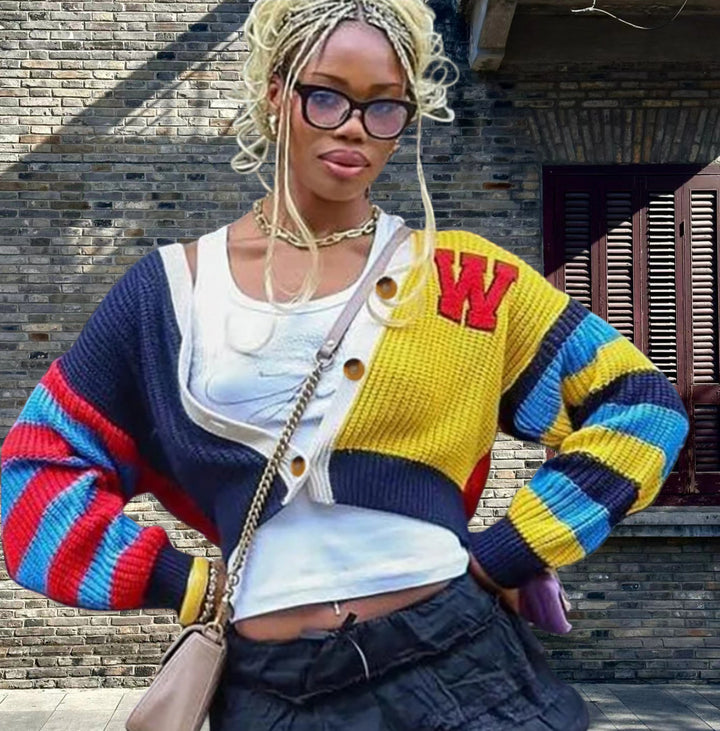 Damen Gemusterter Strickjacke mit Knopfdetails und weiten Ärmeln Drune