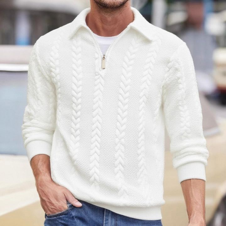 Herren nan Halbzip-Pullover mit Kentkragen, Zopfstrickstruktur und geripptem Saum Drune