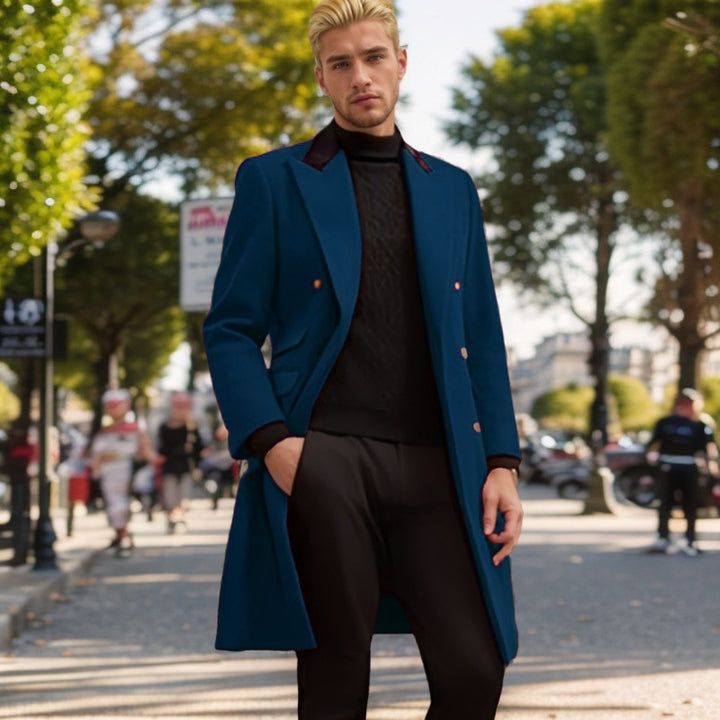 Herren moderner Urban-Mantel mit doppelter Knopfleiste und Samtkragen Drune