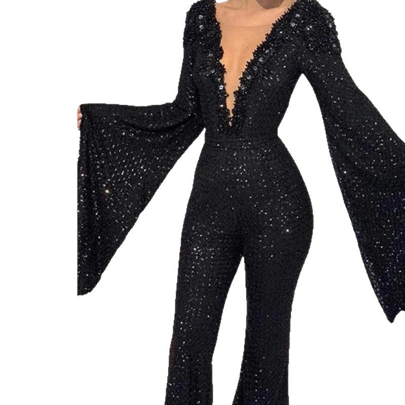 Damen Glamouröses Jumpsuit mit schimmernden Pailletten und weiten Ärmeln Drune