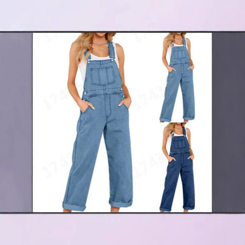 Damen lässige Denim-Latzhose mit praktischen Taschen und weiten Beinen Drune