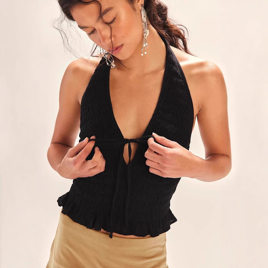 Damen ärmelloser Blus mit raffiniertem Schnitt und Bindeband Drune