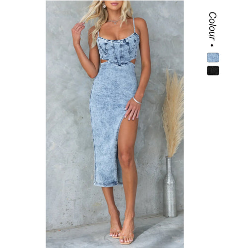 Damen Denim-Midikleid mit spitzen Cut-Outs und sexy Schlitz Drune