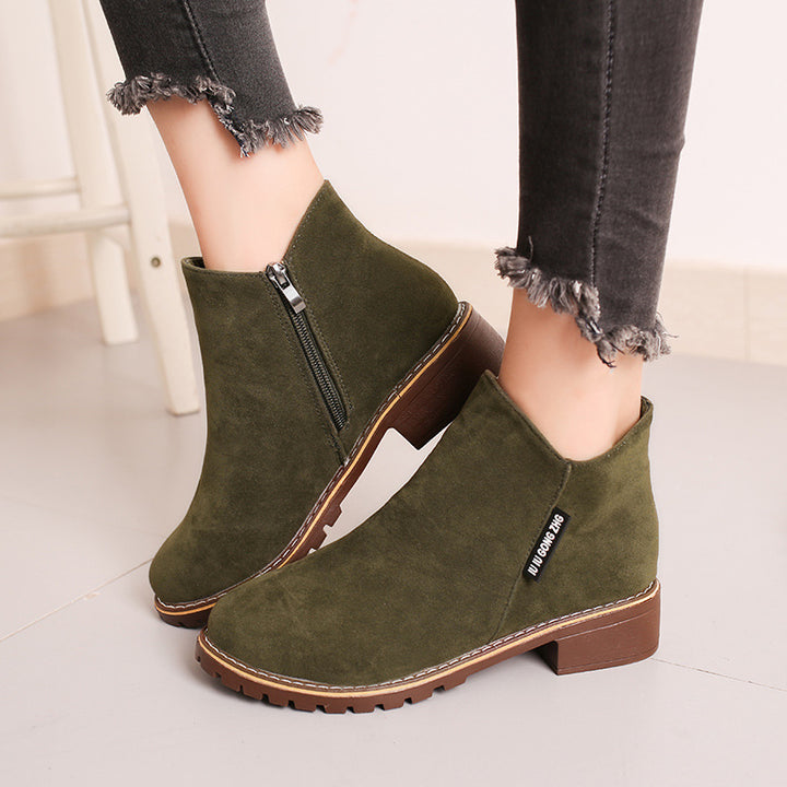 Damen nan knöchelhohe Velourslederimitat-Stiefelette mit robuster Traktorsohle und Komfortabsatz Drune