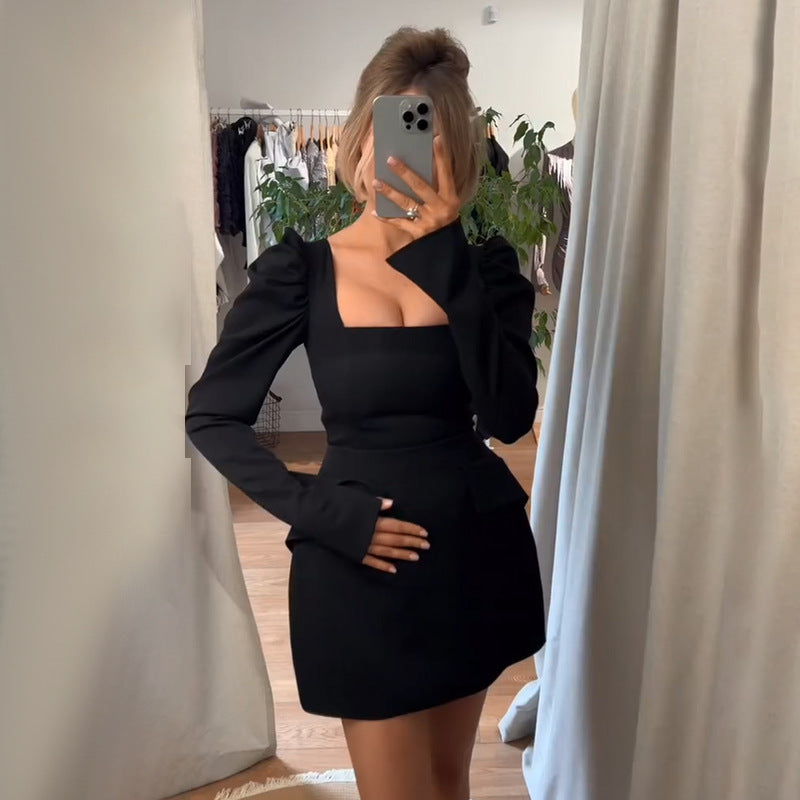 Damen elegantes Minikleid mit Puffärmeln und tailliertem Schnitt Drune