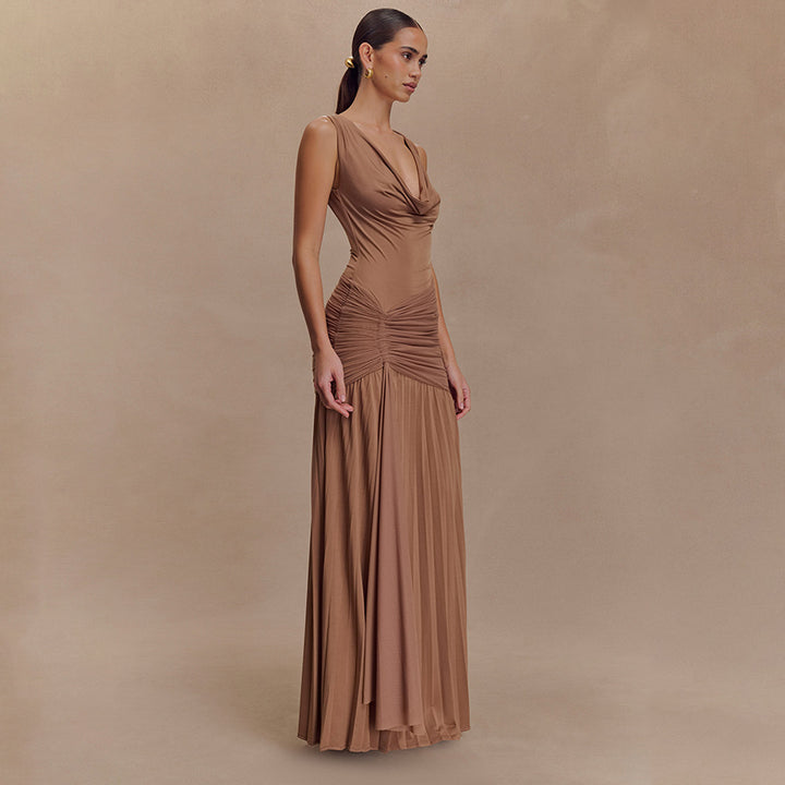 Damen Elegantes Maxikleid mit fließendem Stoff und Raffungen Drune