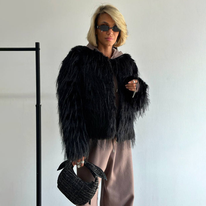 Damen Modischer Pelzimitat-Jacke mit breiten Ärmeln und lässigem Schnitt Drune