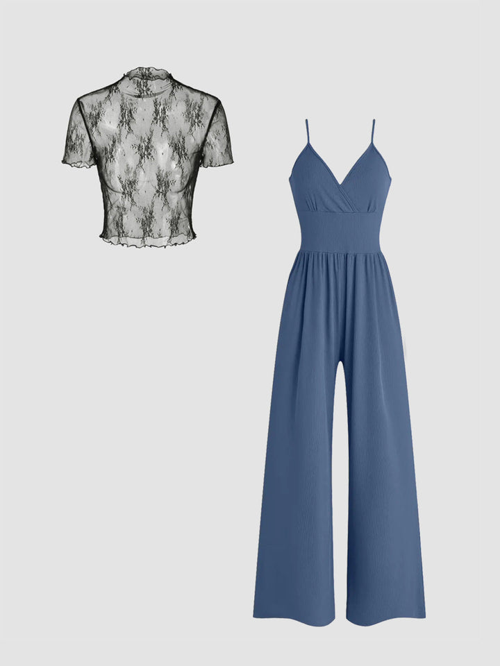 Damen elegantes V-Ausschnitt Jumpsuit mit transparenter Bluse Drune
