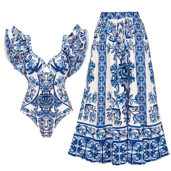 Damen Badeanzug-Set mit voluminösen Rüschendetails und elegantem Wickelrock Drune