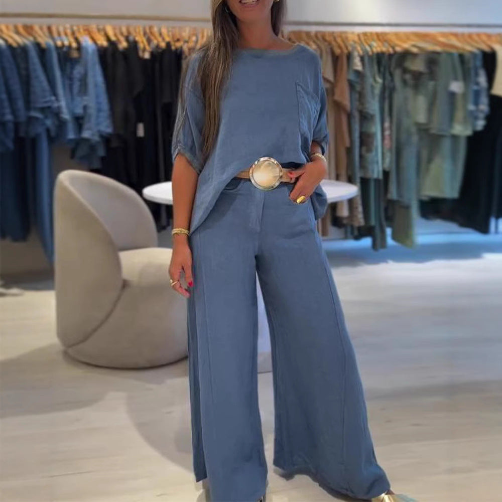 Damen nan Leinenmix-Zweiteiler mit kastigem Oversize-Shirt, Brusttasche und weiter Palazzohose Drune