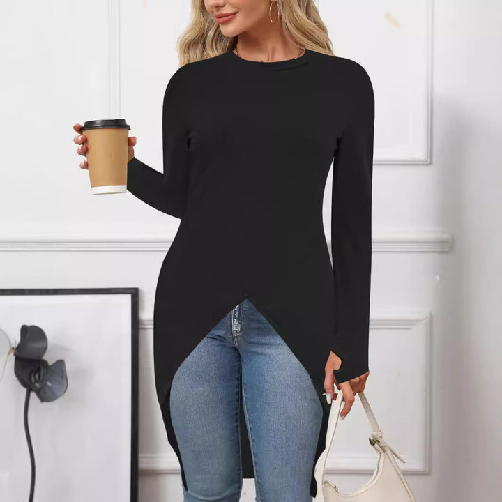 Damen asymmetrisches Long-Tunika Oberteil mit raffiniertem Wickeldesign Drune