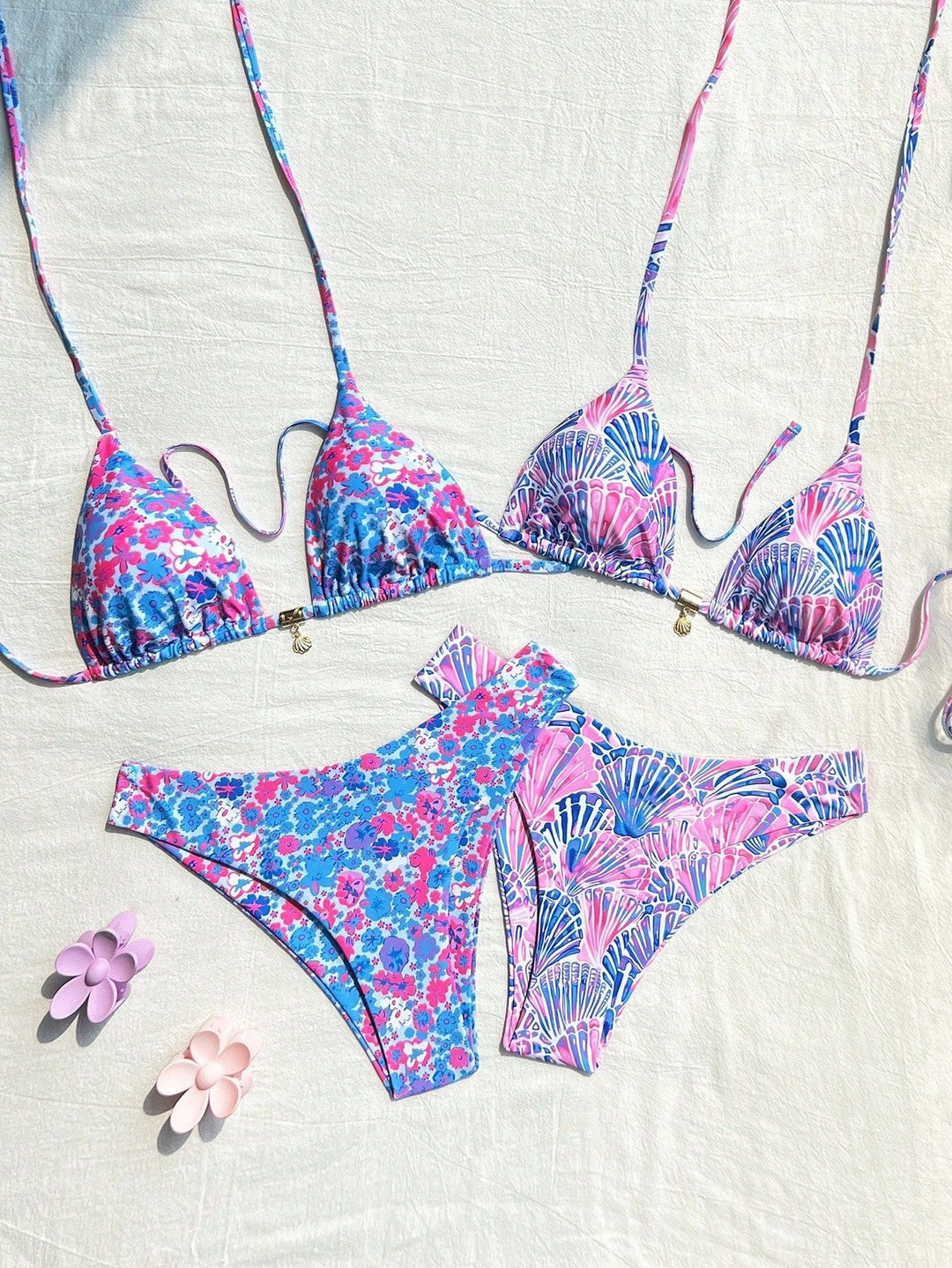 Damen Triangel-Bikini-Set mit floralen Mustern und stylischen Riemchen Drune