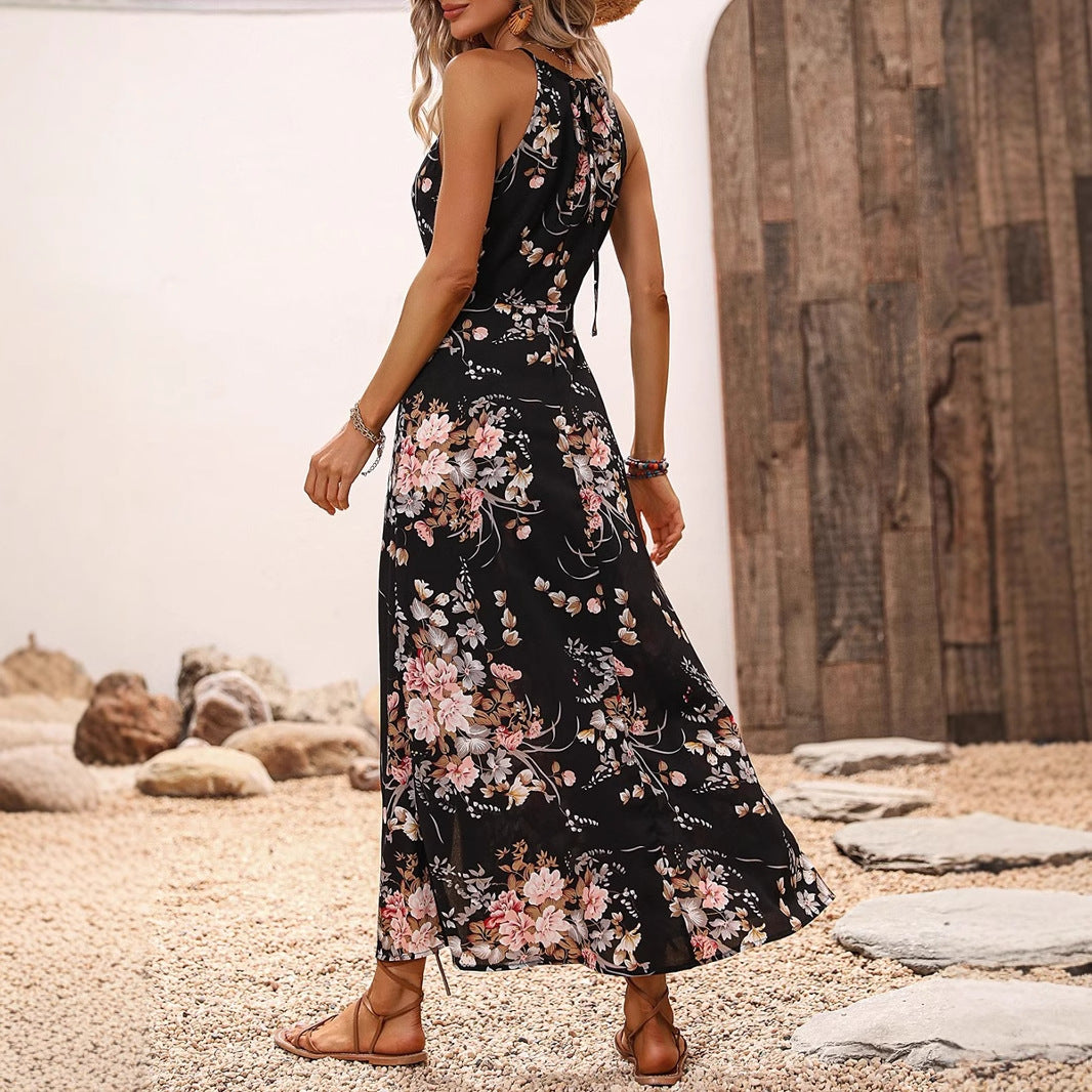 Damen Maxikleid mit eleganten Seitenschlitzen und floralen Akzenten Drune