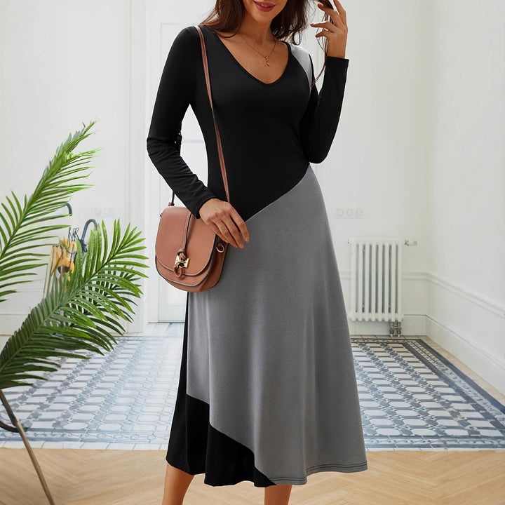 Damen figurbetontes Langarm-Kleid mit modernem Schnitt und Farbeinteilungen Drune