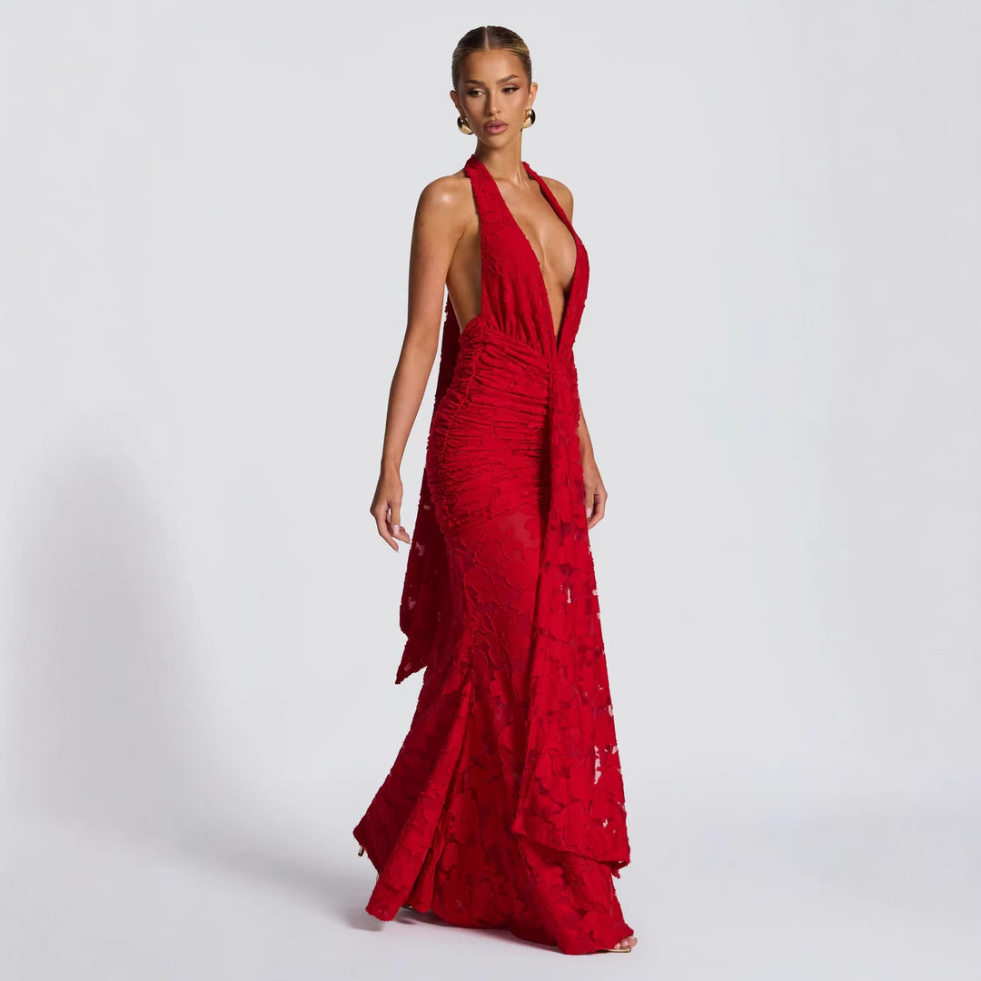 Damen Glamouröses Abendkleid mit tiefem V-Ausschnitt und geraffter Textur Drune
